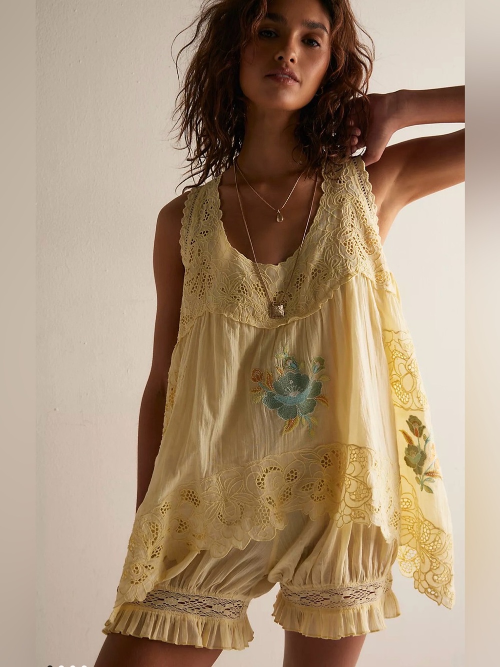 Women's Yellow Lace-Trim Sleeveless Romper. Runs Big.